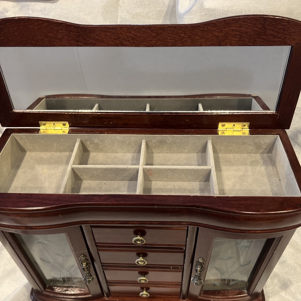 Large Vintage Lift Top Wooden Jewelry Box Etched Glass Doors- 4 Drawers 13.5x11 - Picture 3 of 16